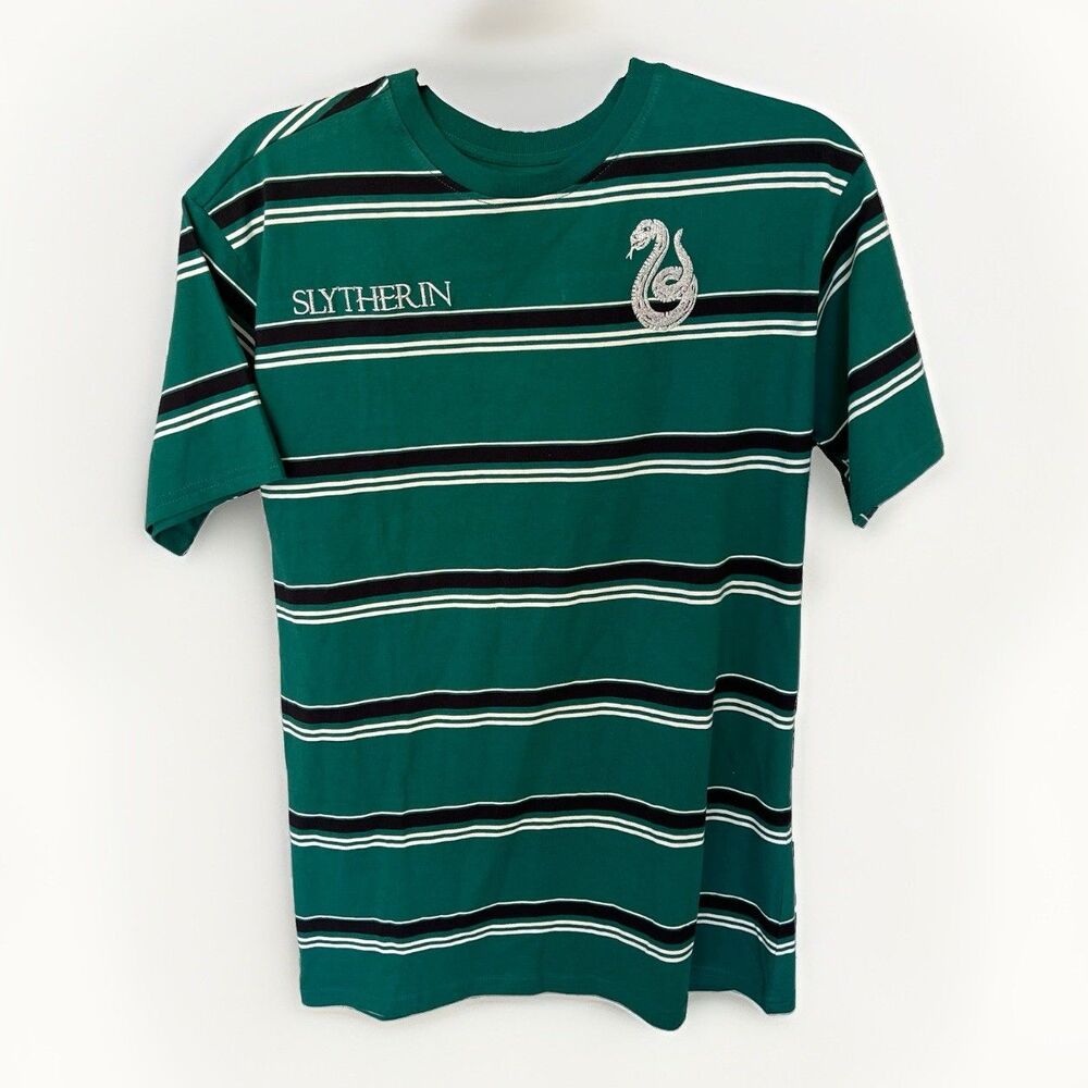 Harry Potter Slytherin Shirt Green With Black, White Stripes Embroidered XS